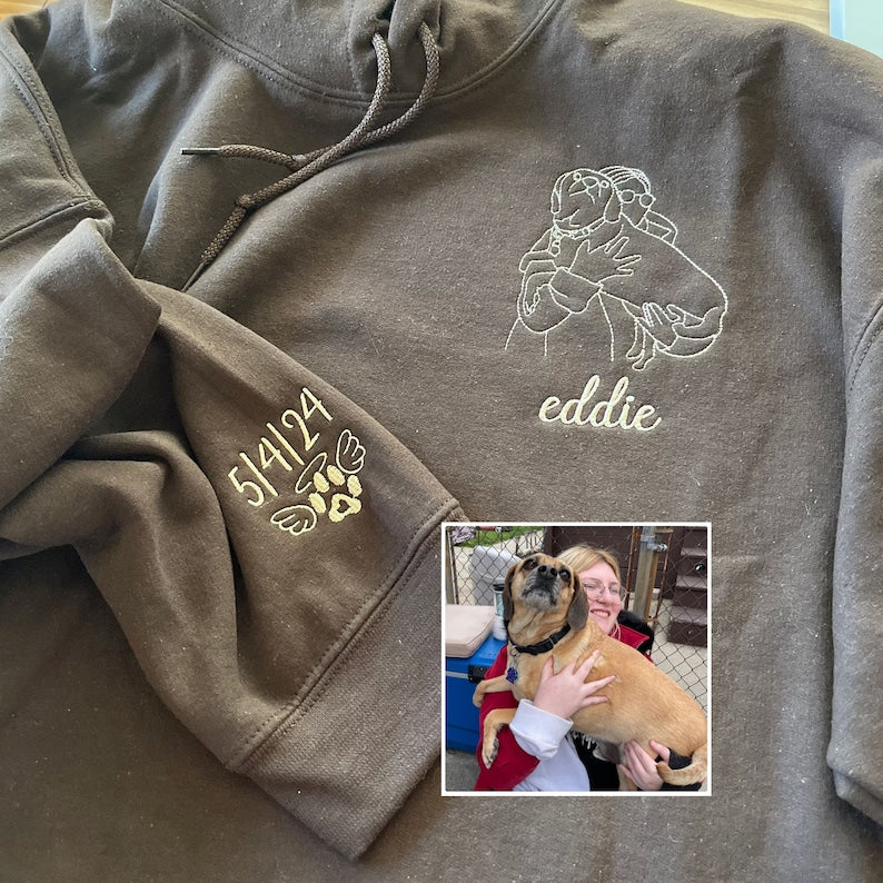 Custom Embroidered Dog Dad Hoodie with Portrait from Photo, Embroidered Photo Hoodie, Outline Embroidered Hoodie, Portrait Hoodie