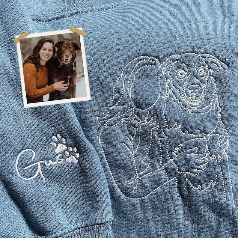 Custom Embroidered Dog Dad Hoodie with Portrait from Photo, Embroidered Photo Hoodie, Outline Embroidered Hoodie, Portrait Hoodie