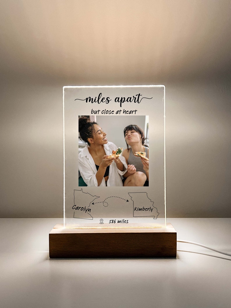 Friendship Long Distance Gift, Personalized Friend Moving Away Gift, Custom Photo, Miles Apart Friendship Sign, Connected States Map Light