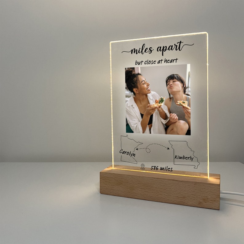 Friendship Long Distance Gift, Personalized Friend Moving Away Gift, Custom Photo, Miles Apart Friendship Sign, Connected States Map Light