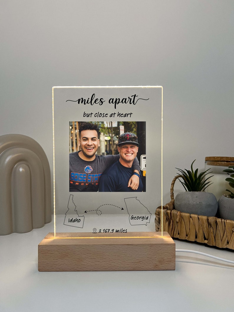 Friendship Long Distance Gift, Personalized Friend Moving Away Gift, Custom Photo, Miles Apart Friendship Sign, Connected States Map Light