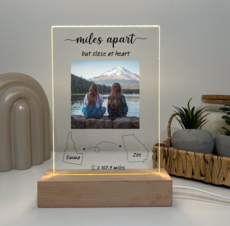 Friendship Long Distance Gift, Personalized Friend Moving Away Gift, Custom Photo, Miles Apart Friendship Sign, Connected States Map Light