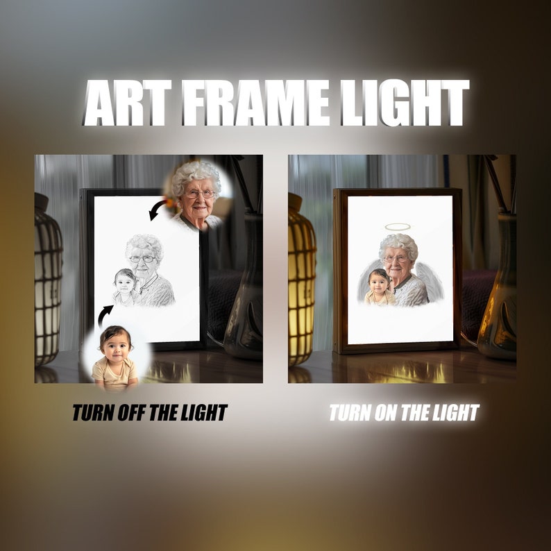 Personalized Memorial Portrait on Art Frame Light, Customizable Art Painting Frame From Photos, Unique Remembrance Artwork Gift for The Loss