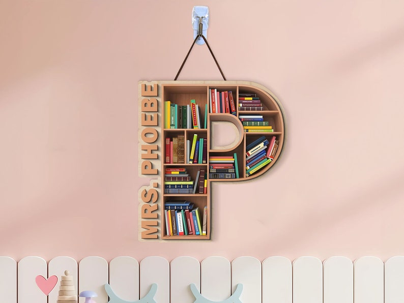 Personalized Classroom Door Sign, 2 Layer Art Piece Door Sign For School Librarian, Letter & Name Wood Sign, School Library Gifts