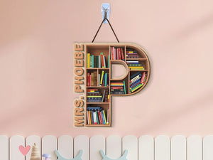 Personalized Classroom Door Sign, 2 Layer Art Piece Door Sign For School Librarian, Letter & Name Wood Sign, School Library Gifts