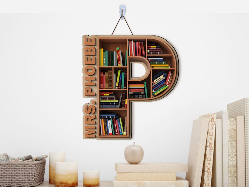 Personalized Classroom Door Sign, 2 Layer Art Piece Door Sign For School Librarian, Letter & Name Wood Sign, School Library Gifts