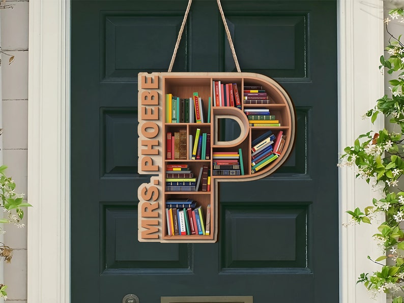 Personalized Classroom Door Sign, 2 Layer Art Piece Door Sign For School Librarian, Letter & Name Wood Sign, School Library Gifts