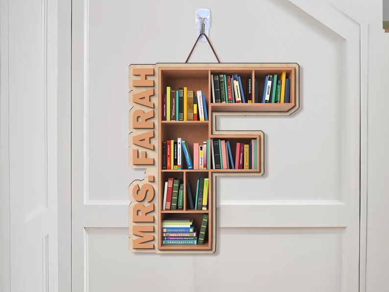 Personalized Classroom Door Sign, 2 Layer Art Piece Door Sign For School Librarian, Letter & Name Wood Sign, School Library Gifts
