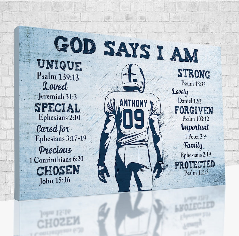 Custom Football Canvas, God Say I Am Canvas, Wall Art For Living Room, Football Gifts For Men, Gifts For Boys, Personalized Football Gifts