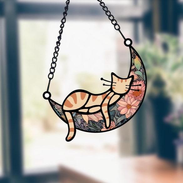 Sleeping Cat on Moon Cat Memorial Suncatcher Loss of Pet Sympathy Gift Handmade Name Cat Ornament Cat Lovers Gifts Cat Passing Remembrance