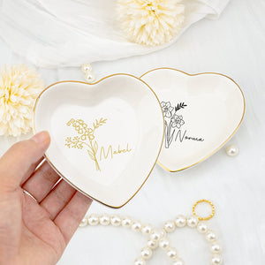 Custom Ring Dish with Birth Flower,Heart Shape Ceramic Jewelry Dish for Best Friend/Mom/Sister,Bridesmaid Bridal Shower Trinket Dish,Wedding