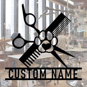 Personalized Dog Grooming Hair Salon Metal Wall Art, Pet Salon, Custom Groomer Name Sign Home Decor Pet Grooming Decoration Christmas Gift