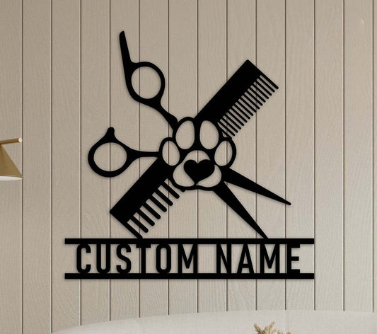 Personalized Dog Grooming Hair Salon Metal Wall Art, Pet Salon, Custom Groomer Name Sign Home Decor Pet Grooming Decoration Christmas Gift
