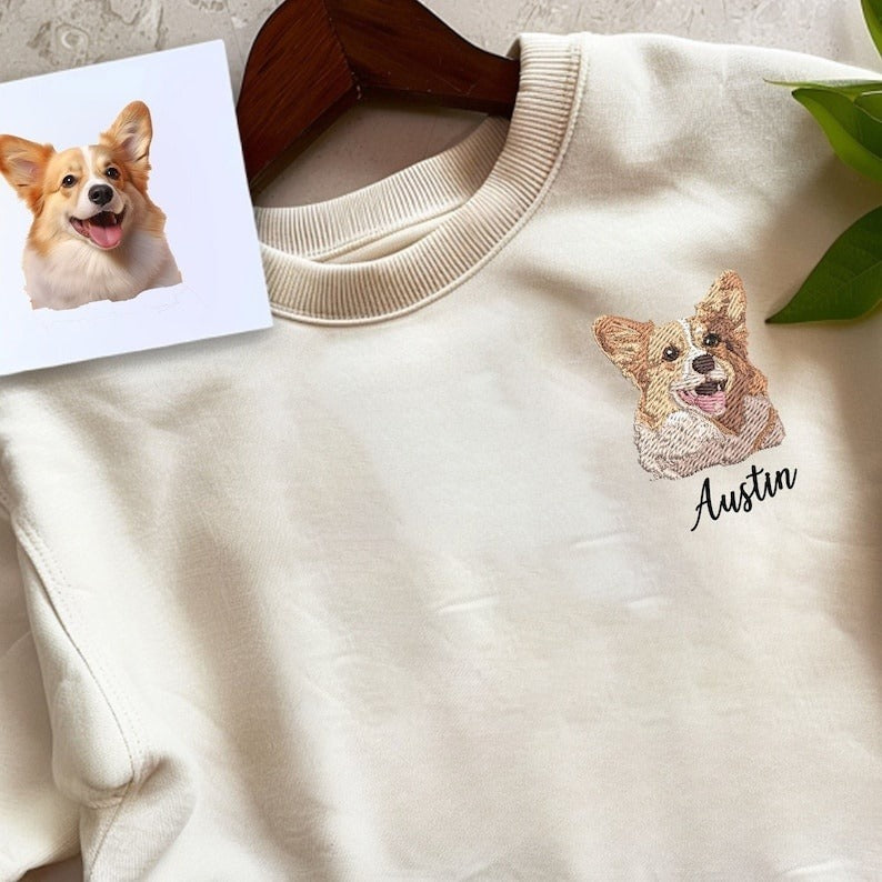 Personalized Pet Embroidery Shirt, Pet Outline Sweatshirt, Custom Pet T-shirt, Embroidered Pet Photo, Dog Mom Sweater, Dog Lovers Gifts