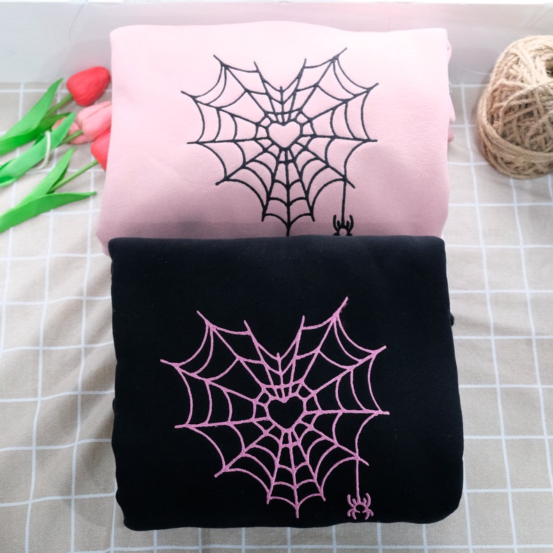 Spider Web Couples Matching Valentine's Embroidered Hoodie, Custom Initial Heart Crewneck, Anniversary Gift, Personalized Heart Name Sleeve il_794xN.6135166723_4gf2.jpg