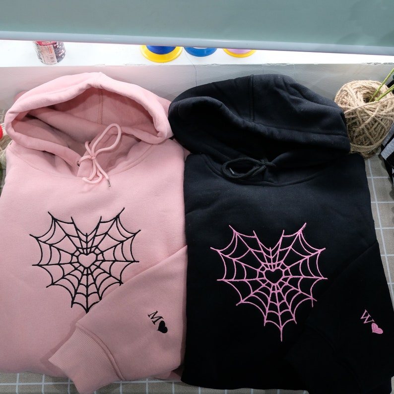 Spider Web Couples Matching Valentine's Embroidered Hoodie, Custom Initial Heart Crewneck, Anniversary Gift, Personalized Heart Name Sleeve il_794xN.6135178353_ie4h.jpg