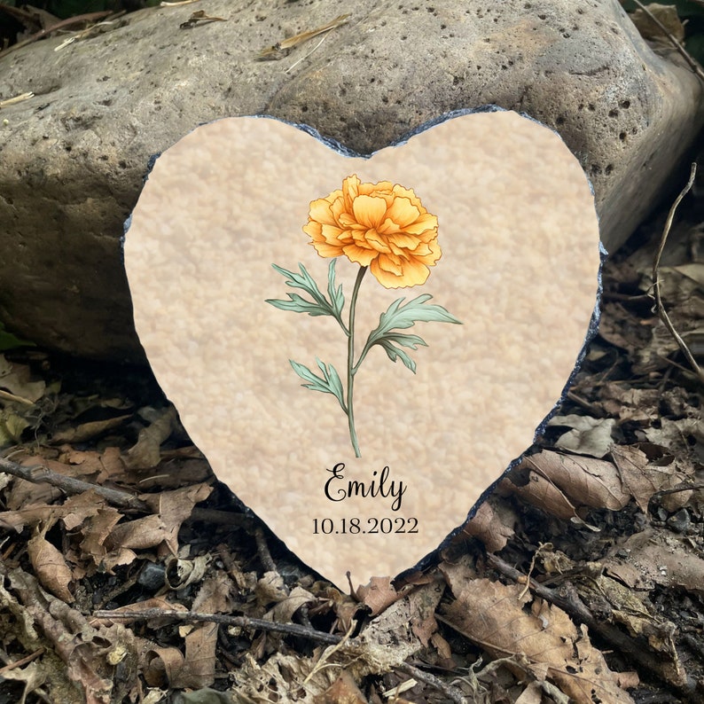Birth Month Flower Garden Stone, Heart Shaped Garden Decor with Name and Date, Personalized Unique Gifts for Her