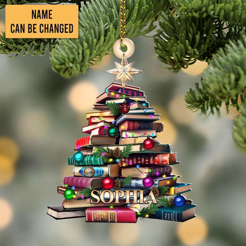 Personalized Christmas Book Tree Name Ornament, Custom Bookish Ornament, Book Club Ornament, Librarian Gift, Book Lover Gift, Bookworm Gifts