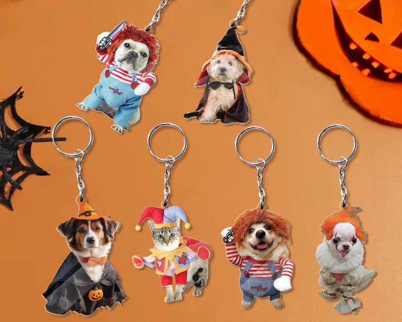 Personalized Funny Pet Halloween Acrylic Keychain, Custom Pet Photo Keychain, Pet Photo Keyring, Dog Memorial Keychain, Halloween Keychain