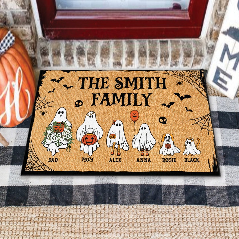 Personalized Halloween Doormat, Custom Halloween Family Doormat, Halloween Decor, Custom Family and Pets, Ghost Family Welcome Doormat Gift