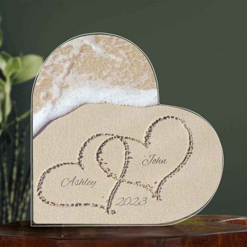 Name in the Sand, Beach Art, Beach Valentine, Beach Wedding Gift, Heart Plaque, Wedding Keepsake, Couple Gift, Christmas Gift