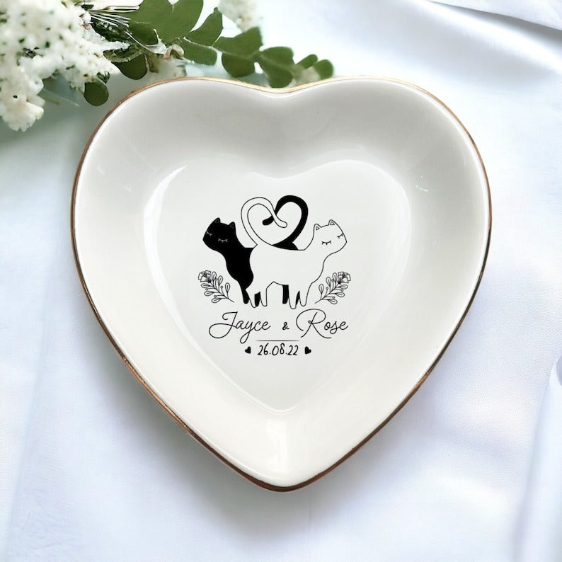 Personalized Couple Cat Ring Dish, Engagement Gift, Wedding Anniversary Keepsake, Valentines Gifts