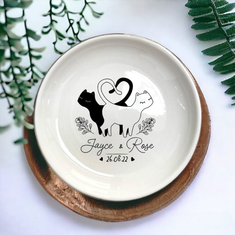 Personalized Couple Cat Ring Dish, Engagement Gift, Wedding Anniversary Keepsake, Valentines Gifts