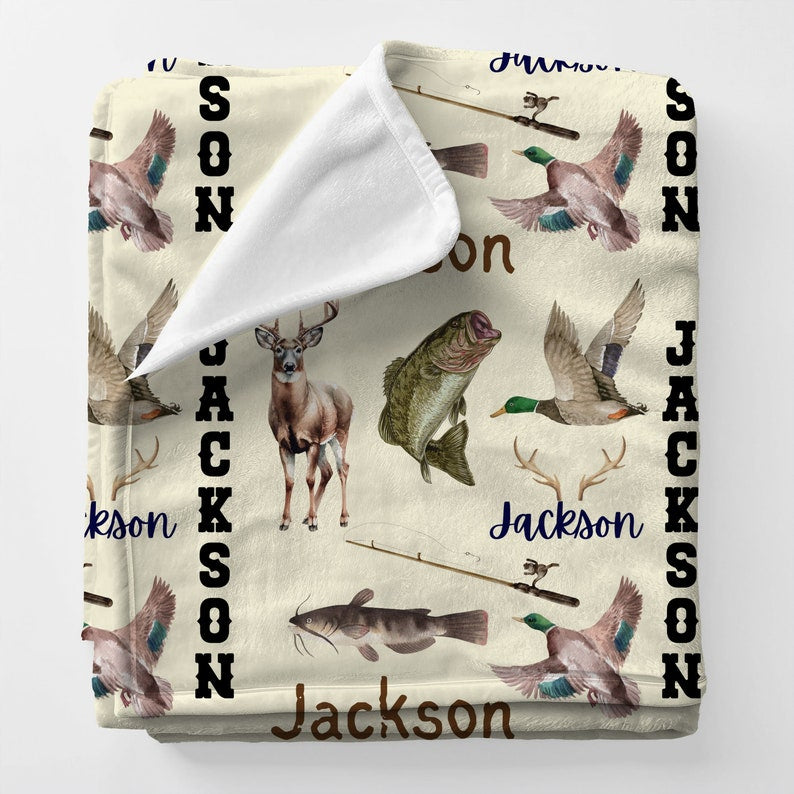 Personalized Name Hunting Fishing Blanket | Toddler Bass Whitetail Deer Catfish Duck Plush Blanket | Cuddly Kid Blanket | Baby Shower Gift