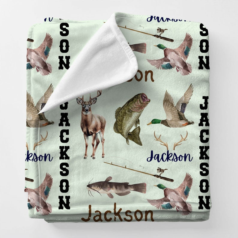 Personalized Name Hunting Fishing Blanket | Toddler Bass Whitetail Deer Catfish Duck Plush Blanket | Cuddly Kid Blanket | Baby Shower Gift