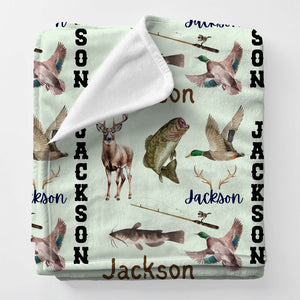 Personalized Name Hunting Fishing Blanket | Toddler Bass Whitetail Deer Catfish Duck Plush Blanket | Cuddly Kid Blanket | Baby Shower Gift