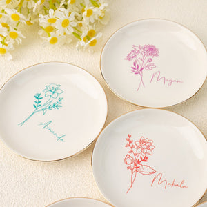 Personalized Birth Flower Ring Dish,Perfect Bridesmaid or Best Friend Gift,Wedding Party Jewelry Dish for Bridesmaid,Birthday Gift for Her
