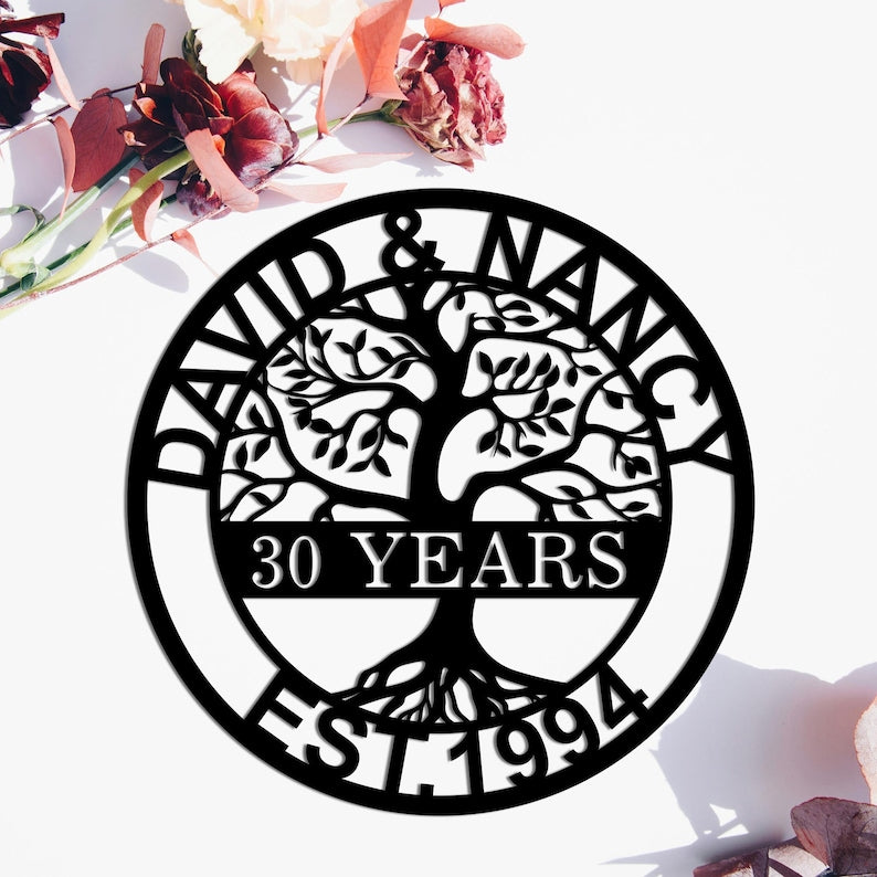 Custom Anniversary Metal Sign, 30th Anniversary Gift, Tree of life Metal Wall Art, Wedding Anniversary Sign, Personalized Family Name Sign