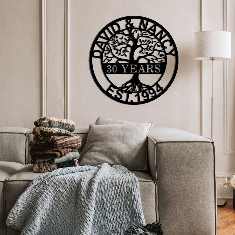 Custom Anniversary Metal Sign, 30th Anniversary Gift, Tree of life Metal Wall Art, Wedding Anniversary Sign, Personalized Family Name Sign