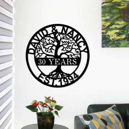 Custom Anniversary Metal Sign, 30th Anniversary Gift, Tree of life Metal Wall Art, Wedding Anniversary Sign, Personalized Family Name Sign