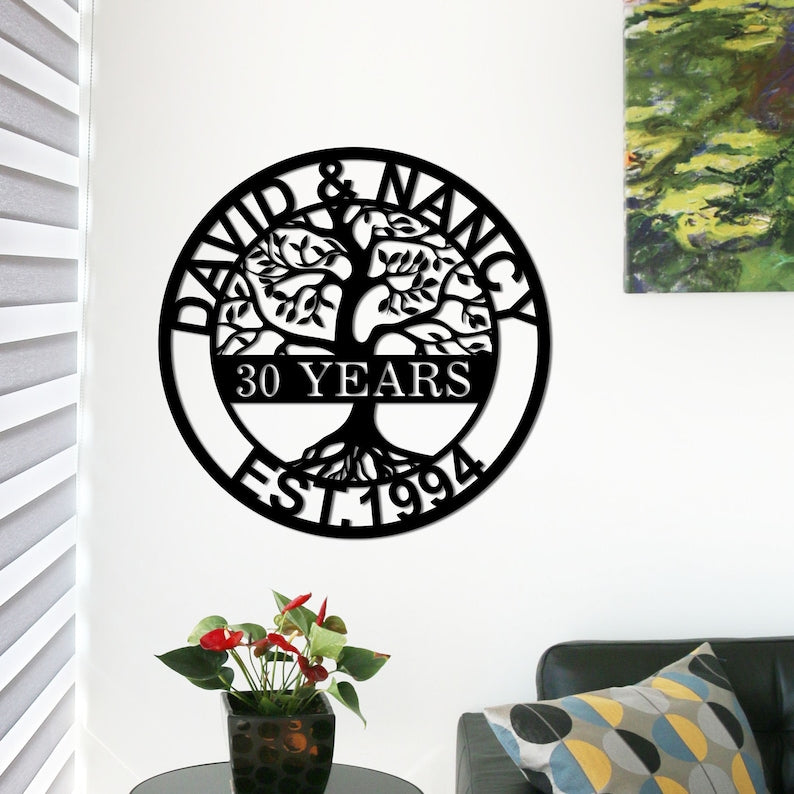 Custom Anniversary Metal Sign, 30th Anniversary Gift, Tree of life Metal Wall Art, Wedding Anniversary Sign, Personalized Family Name Sign