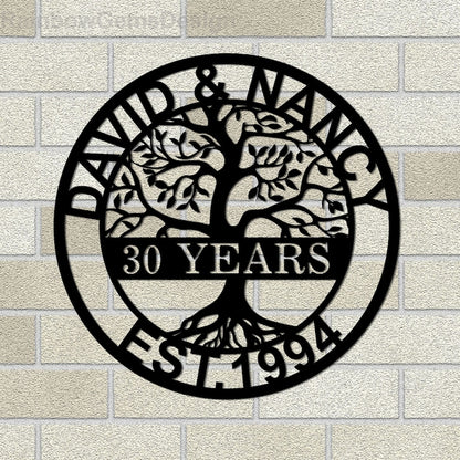 Custom Anniversary Metal Sign, 30th Anniversary Gift, Tree of life Metal Wall Art, Wedding Anniversary Sign, Personalized Family Name Sign