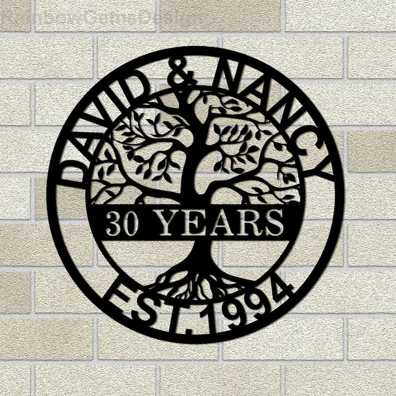 Custom Anniversary Metal Sign, 30th Anniversary Gift, Tree of life Metal Wall Art, Wedding Anniversary Sign, Personalized Family Name Sign
