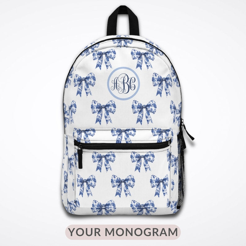 Bows Backpack Toile with Monogram personalized cute backpack preppy school bag Preppy Backpack coquette Day Pack for Student Gift