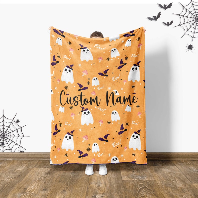 Custom Name Halloween Ghost Blanket, Halloween Gift Baby Kids Teen,Spooky Decor,Back To School Gift,Toddler Blanket,Fall Baby Shower Gift