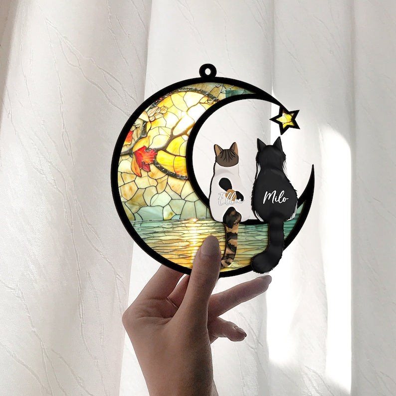 Custom Cat Memorial Suncatcher, Engraved Cat Lovers, Couple Cat On Moon Loss of Pet Sympathy Gift, Gift for Cat Lovers, Cat Memorial Gift