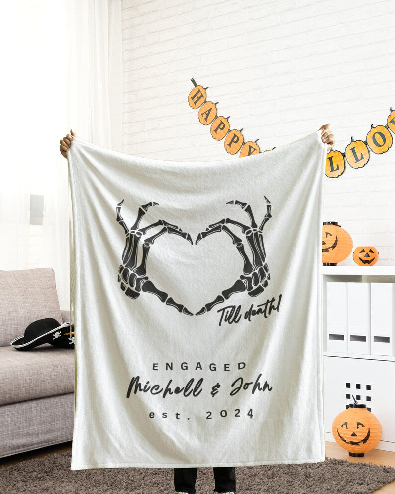 Personalized Couple Blanket, Customized Halloween Skeleton Gifts, Custom Wedding Engagement Gifts with Couple's Name, Anniversary Presents