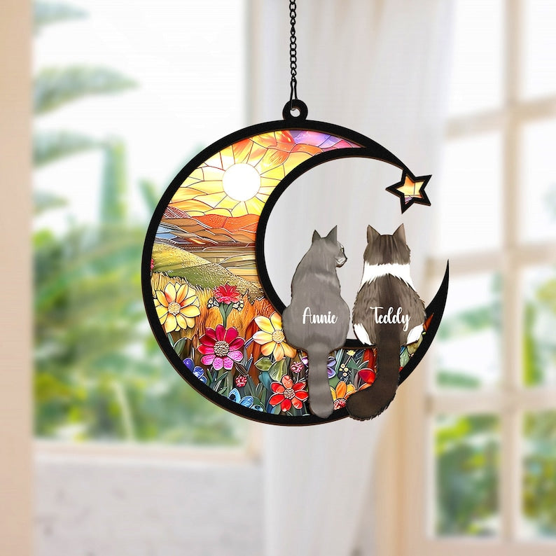 Custom Cat Memorial Suncatcher, Engraved Cat Lovers, Couple Cat On Moon Loss of Pet Sympathy Gift, Gift for Cat Lovers, Cat Memorial Gift
