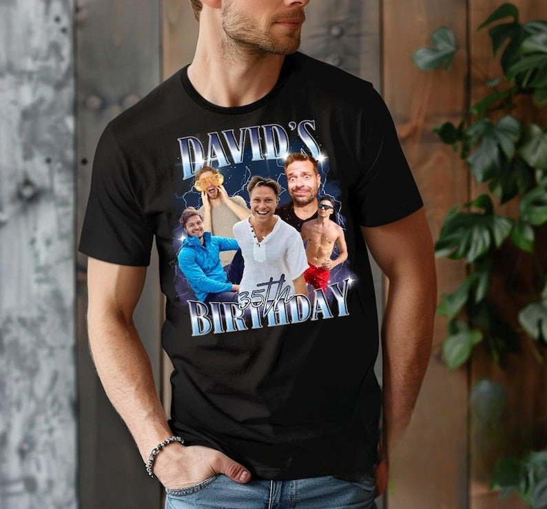 Custom Birthday Photo Collage Shirt, Girlfriend-Boyfriend Tee, Face Shirt Bootleg Shirt, Matching Birthday Retro Tee, Custom Phot-Name Tee