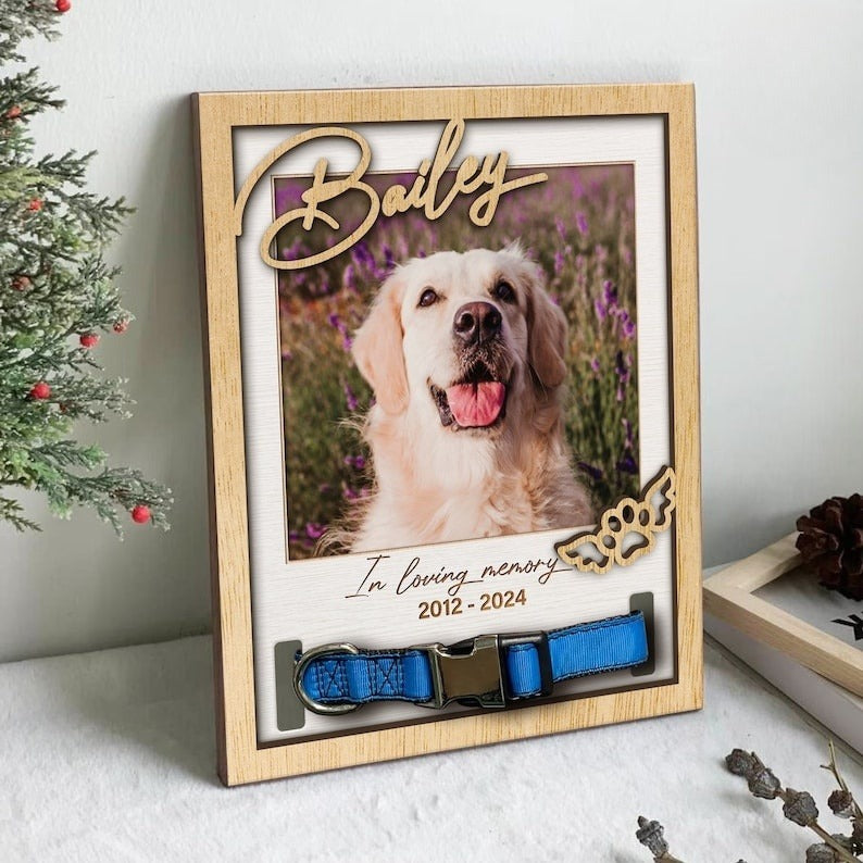 Custom Memorial Pet Collar With Photo, Pet Sympathy Gift, Dog Memorial Frame For Loss Of Dog, Memorial Wood Frame With Collar Holder Style