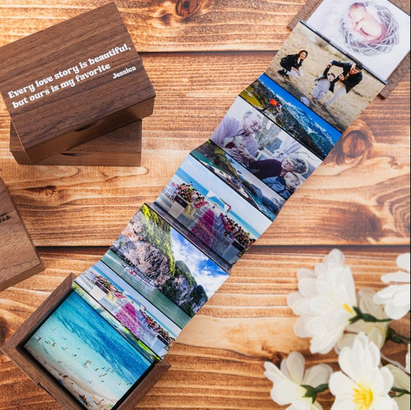 Personalized Handmade Photo Pull Out Gift Box, Anniversary Gift, Gifts for Couples, Engraved or Printed Wooden Box, Pull Out Photo Album