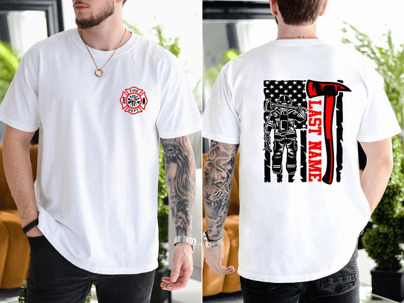 Custom Last Name Firefighter T-Shirt | Thin Red Line Vertical Flag | Personalized Firefighter Shirt | Custom Fireman Gift | Comfort Colors