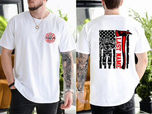Custom Last Name Firefighter T-Shirt | Thin Red Line Vertical Flag | Personalized Firefighter Shirt | Custom Fireman Gift | Comfort Colors