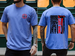 Custom Last Name Firefighter T-Shirt | Thin Red Line Vertical Flag | Personalized Firefighter Shirt | Custom Fireman Gift | Comfort Colors