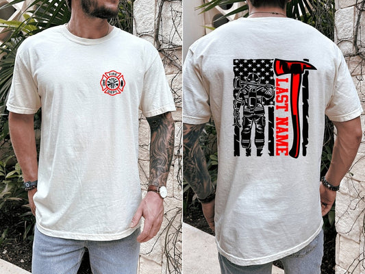 Custom Last Name Firefighter T-Shirt | Thin Red Line Vertical Flag | Personalized Firefighter Shirt | Custom Fireman Gift | Comfort Colors