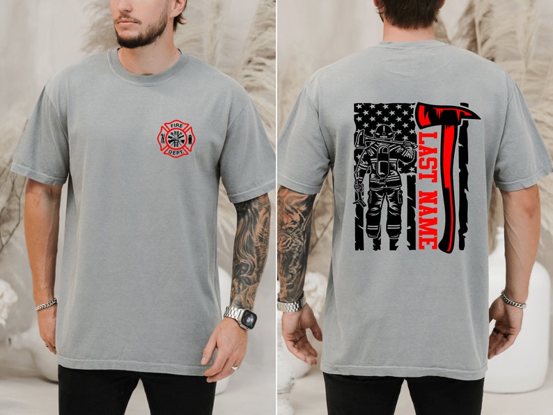Custom Last Name Firefighter T-Shirt | Thin Red Line Vertical Flag | Personalized Firefighter Shirt | Custom Fireman Gift | Comfort Colors